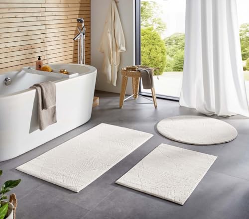 Taracarpet Badematte Homestyle rutschfest waschbar Badezimmerteppich Bad-Vorleger, WC Deko, Duschvorleger für Dusche und Badewannen sehr weich und als Set kombinierbar Creme Blätter 080 cm rund von Taracarpet