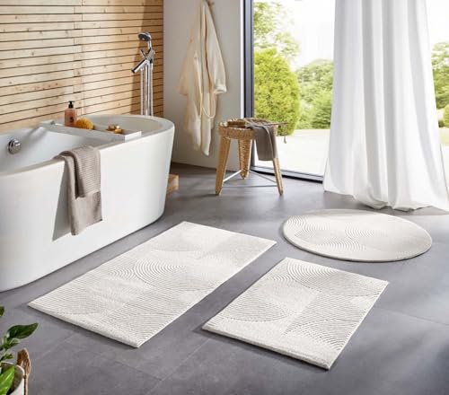 Taracarpet Badematte Homestyle rutschfest waschbar Badezimmerteppich Bad-Vorleger, WC Deko, Duschvorleger für Dusche und Badewannen sehr weich und als Set kombinierbar Creme Wellen 080 cm rund von Taracarpet