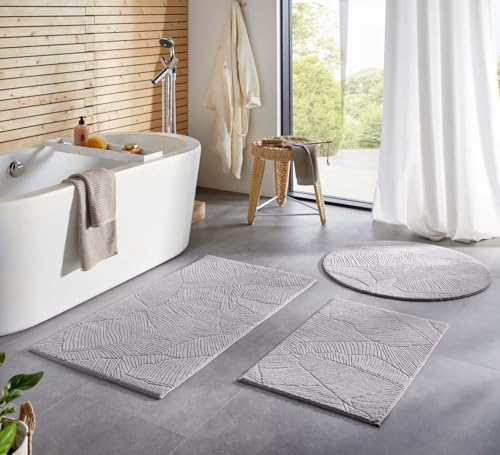 Taracarpet Badematte Homestyle rutschfest waschbar Badezimmerteppich Bad-Vorleger, WC Deko, Duschvorleger für Dusche und Badewannen sehr weich und als Set kombinierbar Grau Blätter 120 cm rund von Taracarpet