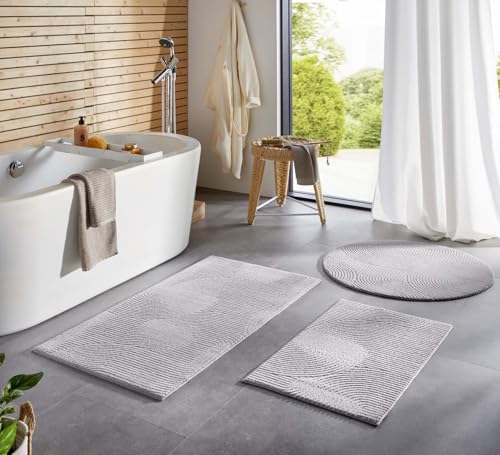 Taracarpet Badematte Homestyle rutschfest waschbar Badezimmerteppich Bad-Vorleger, WC Deko, Duschvorleger für Dusche und Badewannen sehr weich und als Set kombinierbar Grau Wellen 060x120 cm von Taracarpet