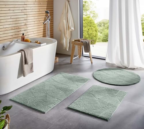 Taracarpet Badematte Homestyle rutschfest waschbar Badezimmerteppich Bad-Vorleger, WC Deko, Duschvorleger für Dusche und Badewannen sehr weich und als Set kombinierbar Grün Blätter 080 cm rund von Taracarpet