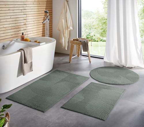Taracarpet Badematte Homestyle rutschfest waschbar Badezimmerteppich Bad-Vorleger, WC Deko, Duschvorleger für Dusche und Badewannen sehr weich und als Set kombinierbar Grün Wellen 120 cm rund von Taracarpet