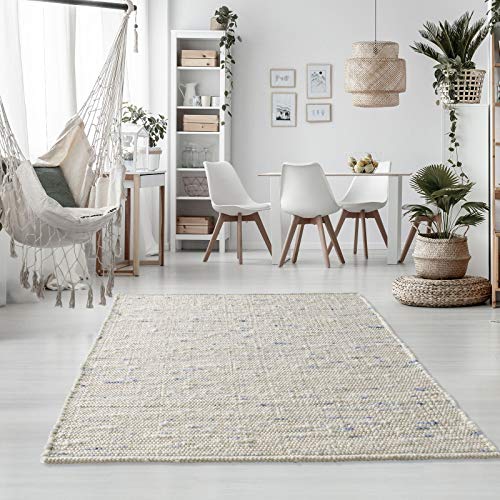 Taracarpet Handweb-Teppich Oslo Wolle im Skandinavischem Landhaus Design Wohnzimmer Esszimmer Schlafzimmer Flur Läufer beidseitig verwendbar 060x090 cm blau meliert Multi von Taracarpet