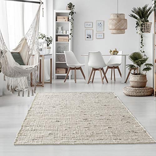 Taracarpet Handweb-Teppich Oslo Wolle im Skandinavischem Landhaus Design Wohnzimmer Esszimmer Schlafzimmer Flur Läufer beidseitig verwendbar 070x130 cm hellgrau meliert Multi von Taracarpet