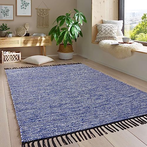 Taracarpet Handwebteppich Borkum Teppich fürs Wohnzimmer, Schlafzimmer und als Küchenteppich geeignet 100% Baumwolle blau 160x230 cm von Taracarpet