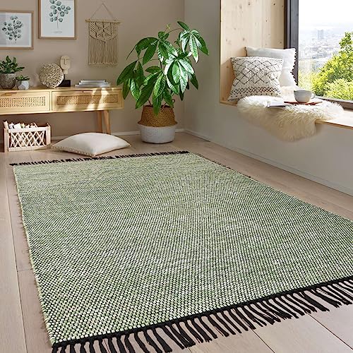 Taracarpet Handwebteppich Borkum Teppich fürs Wohnzimmer, Schlafzimmer und als Küchenteppich geeignet 100% Baumwolle grün 080x150 cm von Taracarpet