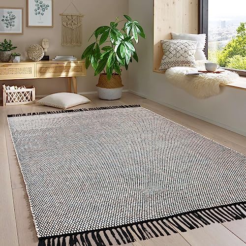 Taracarpet Handwebteppich Borkum Teppich fürs Wohnzimmer, Schlafzimmer und als Küchenteppich geeignet 100% Baumwolle weiß 080x150 cm von Taracarpet