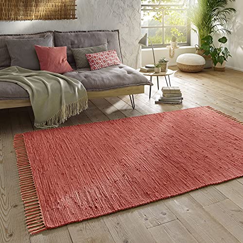 Taracarpet Handwebteppich Läufer Fleckerl Teppich Uni waschbar aus Baumwolle für Wohnzimmer und Küchenteppich 060x120 cm rot von Taracarpet