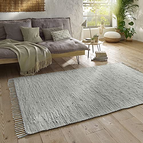 Taracarpet Handwebteppich Läufer Fleckerl Teppich Uni waschbar aus Baumwolle für Wohnzimmer und Küchenteppich 090x160 cm grau von Taracarpet