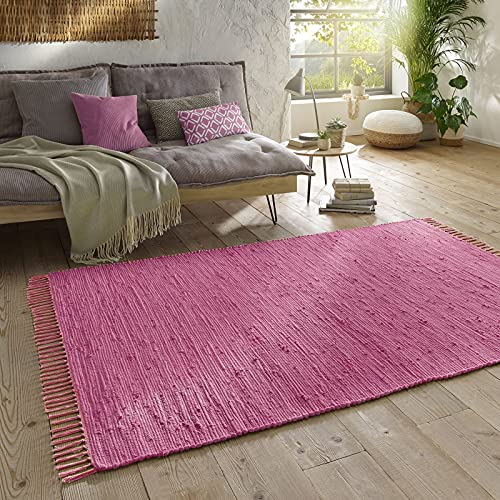 Taracarpet Handwebteppich Läufer Fleckerl Teppich Uni waschbar aus Baumwolle für Wohnzimmer und Küchenteppich 090x160 cm rosa von Taracarpet