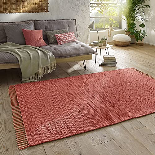 Taracarpet Handwebteppich Läufer Fleckerl Teppich Uni waschbar aus Baumwolle für Wohnzimmer und Küchenteppich 140x200 cm rot von Taracarpet