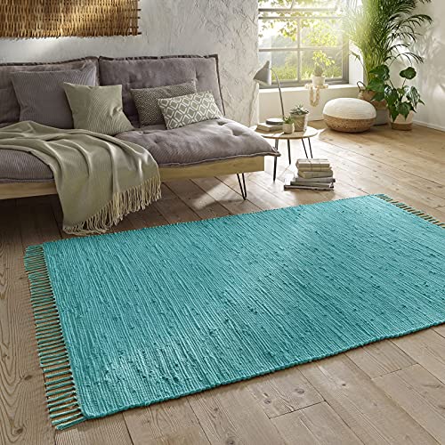 Taracarpet Handwebteppich Läufer Fleckerl Teppich Uni waschbar aus Baumwolle für Wohnzimmer und Küchenteppich 140x200 cm türkis von Taracarpet