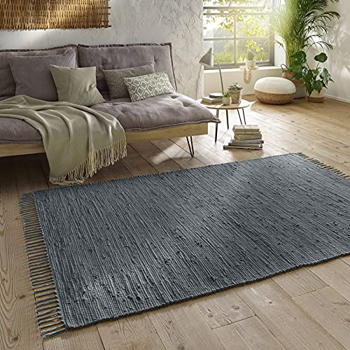 Taracarpet Handwebteppich Läufer Fleckerl Teppich Uni waschbar aus Baumwolle für Wohnzimmer und Küchenteppich 160x230 cm anthrazit von Taracarpet