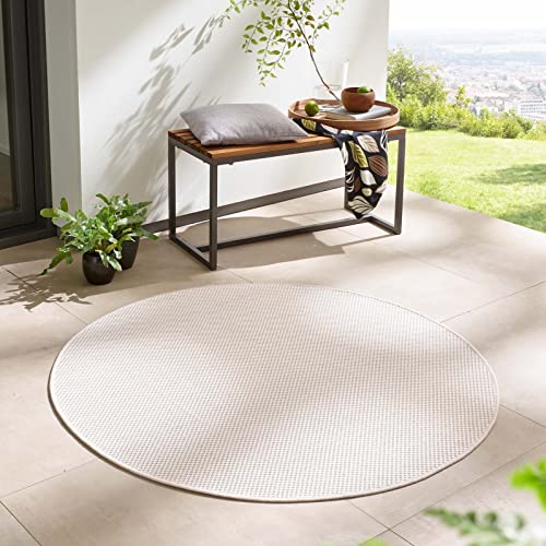 Taracarpet In- & Outdoor Teppich Wetterfest Wohnzimmer Balkon Küchenteppich Flachgewebe sisaloptik meliert Einfarbig Uni Creme Weiss 120x120 cm rund von Taracarpet