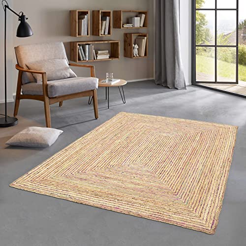 Taracarpet Jute Teppich Sisal Optik Kurzflor Boho modern für Wohnzimmer Schlafzimmer nachhaltig Natur-Teppich mit Wolle bunt 080x150 cm von Taracarpet