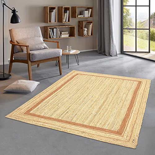 Taracarpet Jute Teppich Sisal Optik mit Bordüre Kurzflor Boho modern für Wohnzimmer Schlafzimmer nachhaltig Natur-Teppich Terracotta 120x170 cm von Taracarpet