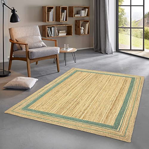 Taracarpet Jute Teppich Sisal Optik mit Bordüre Kurzflor Boho modern für Wohnzimmer Schlafzimmer nachhaltig Natur-Teppich grün 080x150 cm von Taracarpet