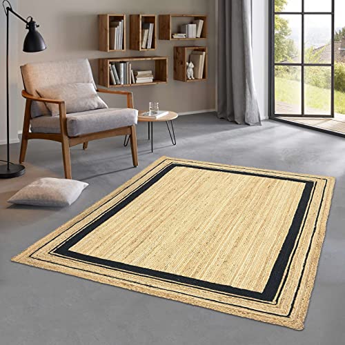 Taracarpet Jute Teppich Sisal Optik mit Bordüre Kurzflor Boho modern für Wohnzimmer Schlafzimmer nachhaltig Natur-Teppich schwarz 160x230 cm von Taracarpet