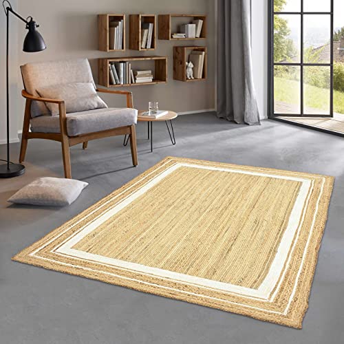 Taracarpet Jute Teppich Sisal Optik mit Bordüre Kurzflor Boho modern für Wohnzimmer Schlafzimmer nachhaltig Natur-Teppich weiß 060x110 cm von Taracarpet