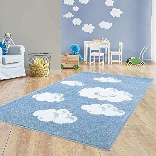 Taracarpet Kinder Teppich für das Kinderzimmer Bueno Hochwertig mit Konturenschnitt Blau verträumte Wolken 080x150 cm von Taracarpet
