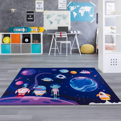 Taracarpet Kinderteppich Teppich Kinderzimmer Spielmatte Spielteppich für Jungen und Mädchen und auch für Jugendzimmer Nette Aliens blau 080x150 cm von Taracarpet