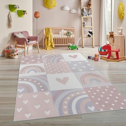 Taracarpet Kinderteppich Teppich Kinderzimmer Spielmatte Spielteppich für Jungen und Mädchen und auch für Jugendzimmer Regenbogen Rosa 200x280 cm von Taracarpet