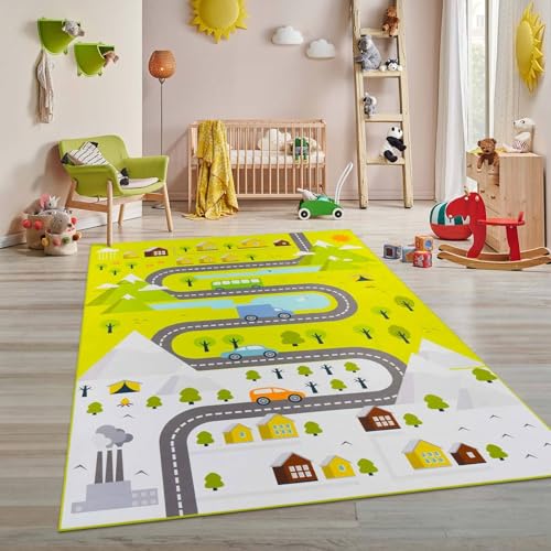 Taracarpet Kinderteppich Teppich Kinderzimmer Spielmatte Spielteppich für Jungen und Mädchen und auch für Jugendzimmer Spielstrasse grün 080x150 cm von Taracarpet