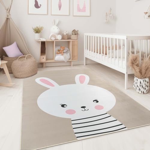 Taracarpet Kinderzimmer Teppich für Kinder, Jungen, Mädchen und Jugendzimmer Fresh Kids Tiere Hase Taupe 80x150 cm von Taracarpet