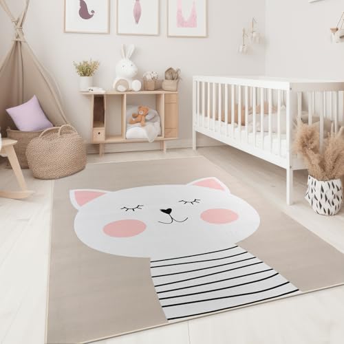 Taracarpet Kinderzimmer Teppich für Kinder, Jungen, Mädchen und Jugendzimmer Fresh Kids Tiere Katze Taupe 80x150 cm von Taracarpet