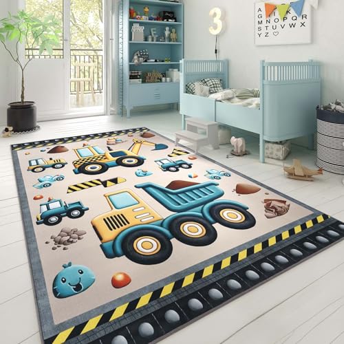 Taracarpet Kinderzimmer Teppich für Kinder, Jungen, Mädchen und Jugendzimmer Fresh Kids Bagger Taupe 120x170 cm von Taracarpet