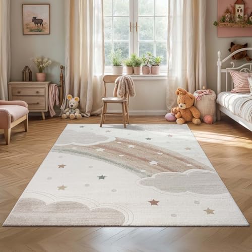 Taracarpet Kindezimmer und Jugendzimmer Kurzflor Teppich in Pastell Farben Kinderteppich auch für Babyzimmer geeignet Pastell bunt Regenbogen 80x150 cm von Taracarpet