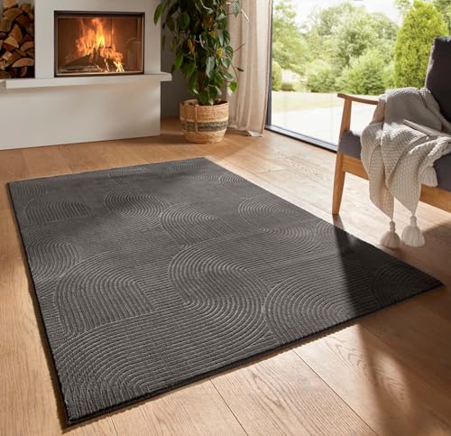 Taracarpet Kurzflor Boho Skandi Polyester Teppich in 3D Optik waschbar, pflegeleicht und robust ideal fürs Wohnzimmer, Schlafzimmer und Kinderzimmer auch als Badematte Anthrazit Wellen 200x290 cm von Taracarpet