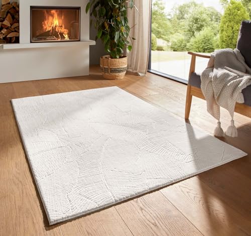 Taracarpet Kurzflor Boho Skandi Polyester Teppich in 3D Optik waschbar, pflegeleicht und robust ideal fürs Wohnzimmer, Schlafzimmer und Kinderzimmer auch als Badematte Creme Blätter 240X340 cm von Taracarpet