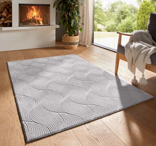 Taracarpet Kurzflor Boho Skandi Polyester Teppich in 3D Optik waschbar, pflegeleicht und robust ideal fürs Wohnzimmer, Schlafzimmer und Kinderzimmer auch als Badematte Grau Düne 240X340 cm von Taracarpet