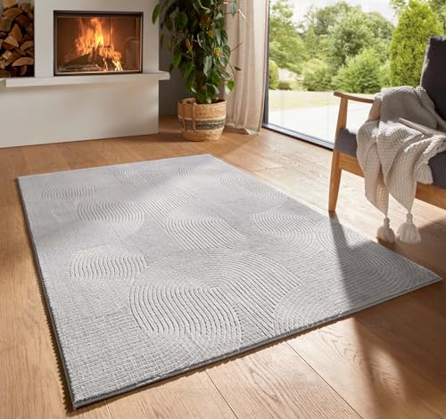 Taracarpet Kurzflor Boho Skandi Polyester Teppich in 3D Optik waschbar, pflegeleicht und robust ideal fürs Wohnzimmer, Schlafzimmer und Kinderzimmer auch als Badematte Grau Wellen 240X340 cm von Taracarpet