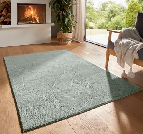 Taracarpet Kurzflor Boho Skandi Polyester Teppich in 3D Optik waschbar, pflegeleicht und robust ideal fürs Wohnzimmer, Schlafzimmer und Kinderzimmer auch als Badematte Grün Blätter 050x080 cm von Taracarpet