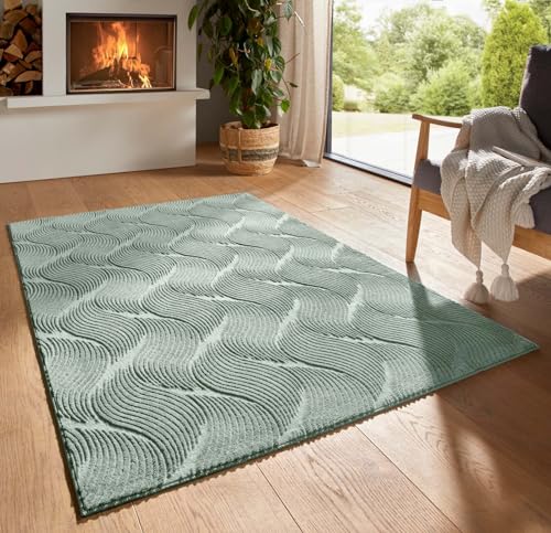 Taracarpet Kurzflor Boho Skandi Polyester Teppich in 3D Optik waschbar, pflegeleicht und robust ideal fürs Wohnzimmer, Schlafzimmer und Kinderzimmer auch als Badematte Grün Düne 200x290 cm von Taracarpet