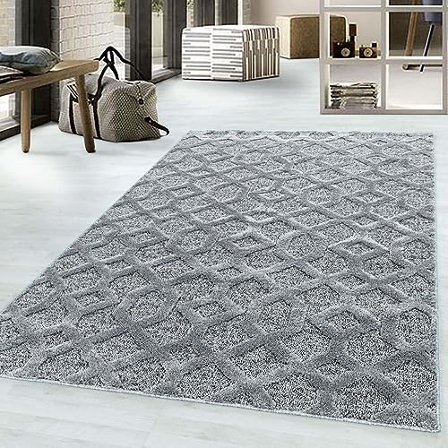 Taracarpet Kurzflor Teppich Skandi Boho für Wohnzimmer Designerteppich Tokio hoch-tief Struktur Gitter grau 160x230 cm von Taracarpet