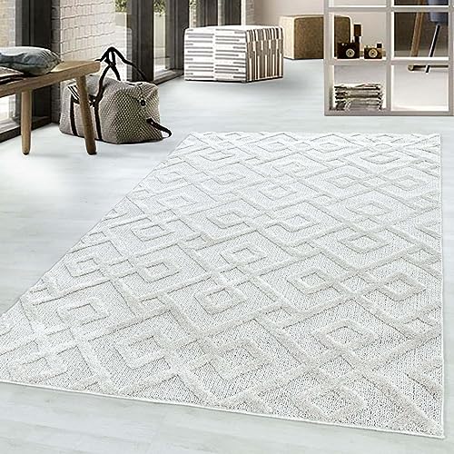 Taracarpet Kurzflor Teppich Skandi Boho für Wohnzimmer Designerteppich Tokio hoch-tief Struktur Knoten weiß 080x150 cm von Taracarpet