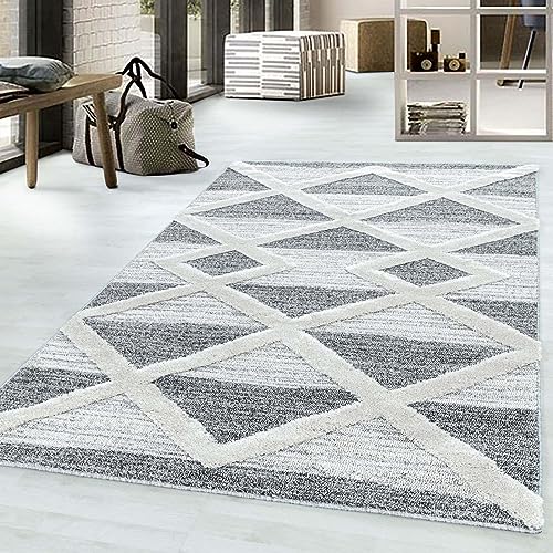 Taracarpet Kurzflor Teppich Skandi Boho für Wohnzimmer Designerteppich Tokio hoch-tief Struktur Rauten weiß-grau 280x370 cm von Taracarpet