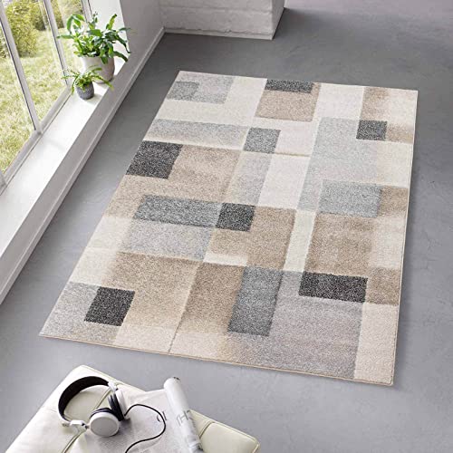 Taracarpet Kurzflor Teppich fürs Wohnzimmer Schlafzimmer und das Kinderzimmer Moderner Designerteppich TC-Fashion 6114 Karos in grau-beige 240x330 cm von Taracarpet