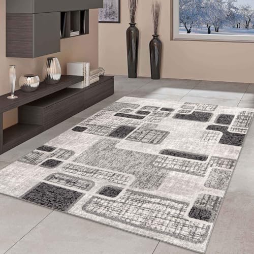 Taracarpet Moderner Kurzflor Designer-Teppich für Wohnzimmer Schlafzimmer und Kinderzimmer Abstrakt Kariert Grau 080x150 cm von Taracarpet
