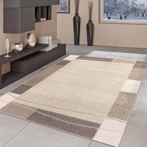 Taracarpet Moderner Kurzflor Designer-Teppich für Wohnzimmer Schlafzimmer und Kinderzimmer Bordüre Braun 080x150 cm von Taracarpet