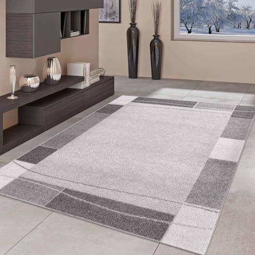 Taracarpet Moderner Kurzflor Designer-Teppich für Wohnzimmer Schlafzimmer und Kinderzimmer Bordüre Grau 080x150 cm von Taracarpet