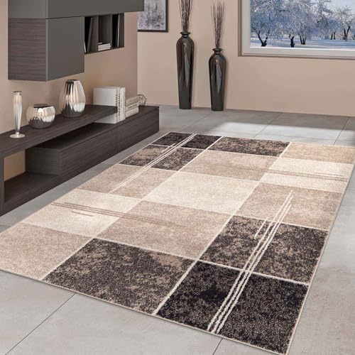 Taracarpet Moderner Kurzflor Designer-Teppich für Wohnzimmer Schlafzimmer und Kinderzimmer Kariert Vintage Braun 120x160 cm von Taracarpet