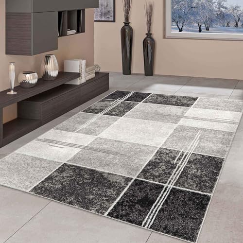 Taracarpet Moderner Kurzflor Designer-Teppich für Wohnzimmer Schlafzimmer und Kinderzimmer Kariert Vintage Grau 080x150 cm von Taracarpet