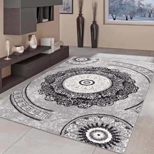 Taracarpet Moderner Kurzflor Designer-Teppich für Wohnzimmer Schlafzimmer und Kinderzimmer Medaillon Floral Abstrakt Grau 160x220cm von Taracarpet