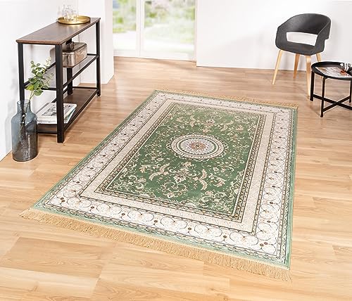 Taracarpet Moderner Orientteppich Palazzo Royal grün Medaillon Nain 067x210 cm Kurzflor Teppich für Wohnzimmer Esszimmer und Schlafzimmer von Taracarpet