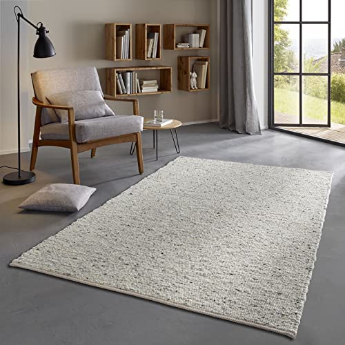 Taracarpet Skandi Landhaus Teppich Hand-Web-Teppich aus hochwertiger Schurwolle 2700 Gramm/qm beidseitig legbar echte Handarbeit Natur grau Meliert 090x180 cm von Taracarpet