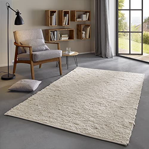 Taracarpet Skandi Landhaus Teppich Hand-Web-Teppich aus hochwertiger Schurwolle 2700 Gramm/qm beidseitig legbar echte Handarbeit Natur weiß Meliert 090x180 cm von Taracarpet